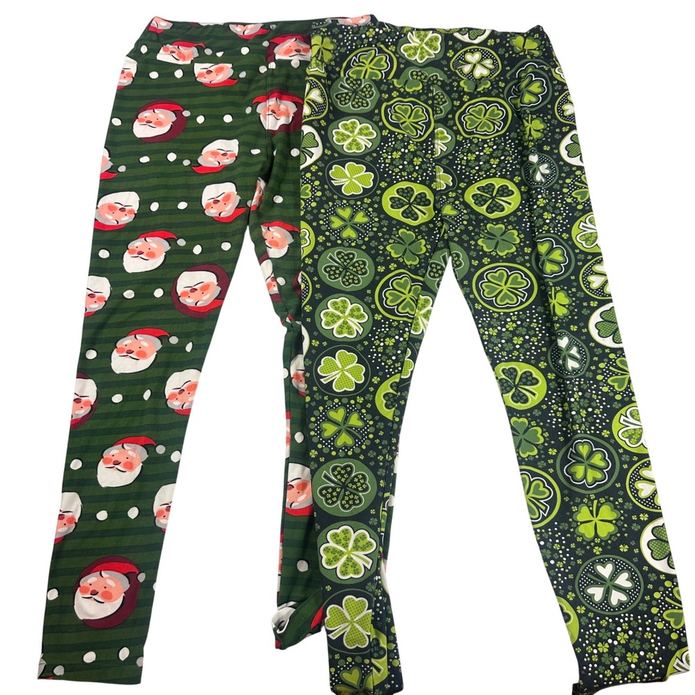 Lot 2 LuLaRoe Leggings Womens TC Green Santa Christmas Shamrock St Patricks Dayf